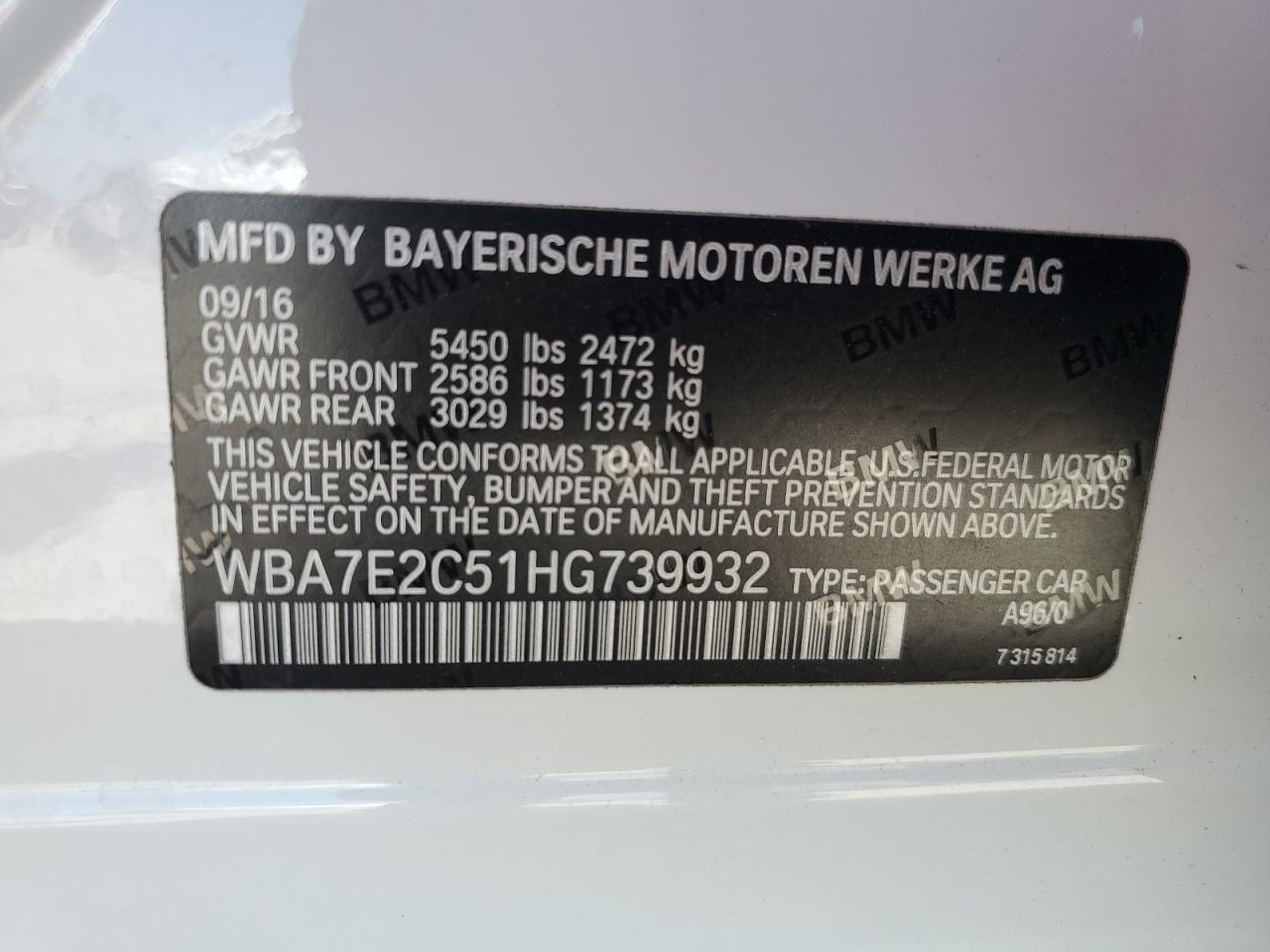 2017 BMW 740 I VIN: WBA7E2C51HG739932 Lot: 57101815