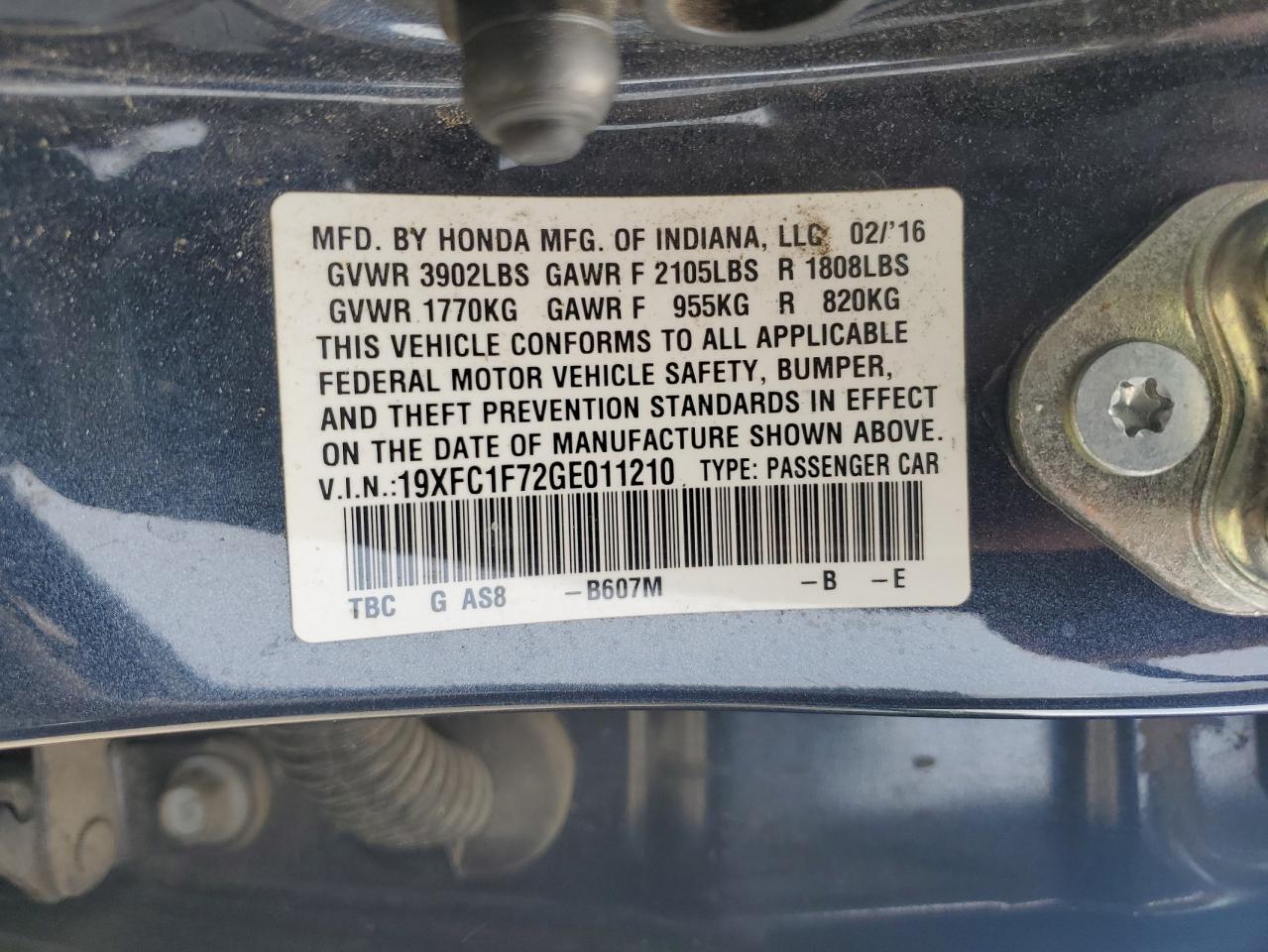 19XFC1F72GE011210 HONDA CIVIC 2016