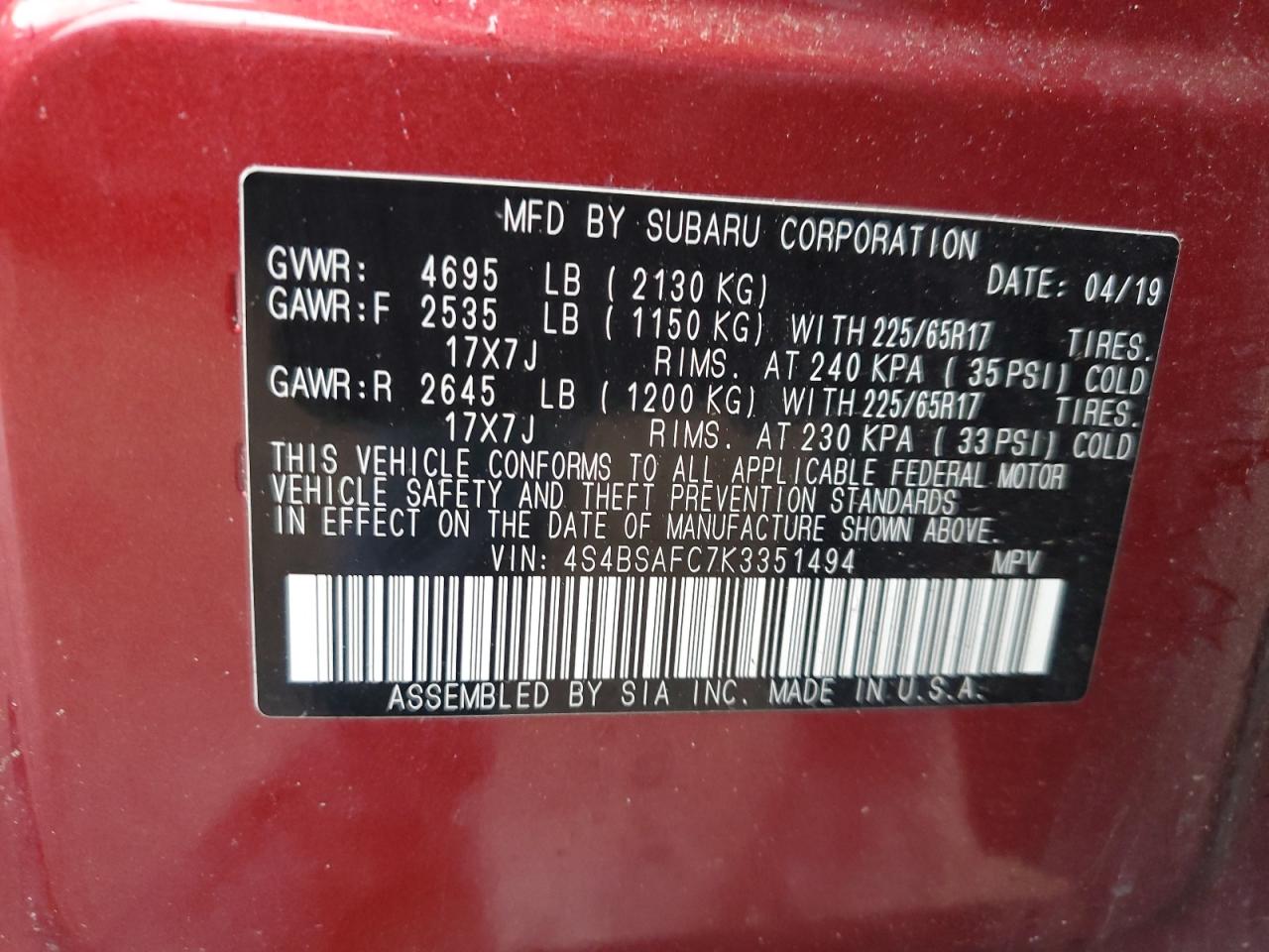 2019 Subaru Outback 2.5I Premium VIN: 4S4BSAFC7K3351494 Lot: 54542615