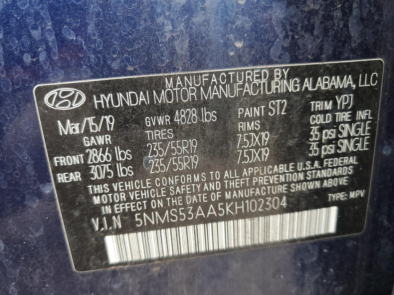 2019 Hyundai Santa Fe Limited VIN: 5NMS53AA5KH102304 Lot: 57181005