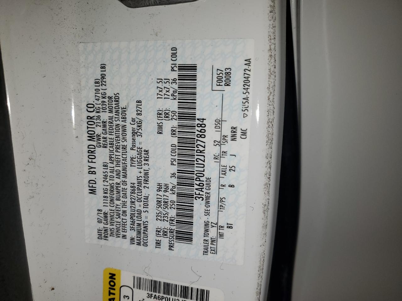 2018 Ford Fusion Se Hybrid VIN: 3FA6P0LU2JR278684 Lot: 54038785