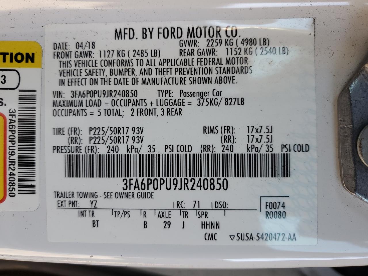 3FA6P0PU9JR240850 FORD FUSION 2018
