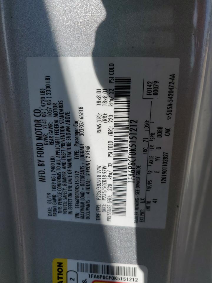 1FA6P8CF0K5151212 FORD MUSTANG 2019