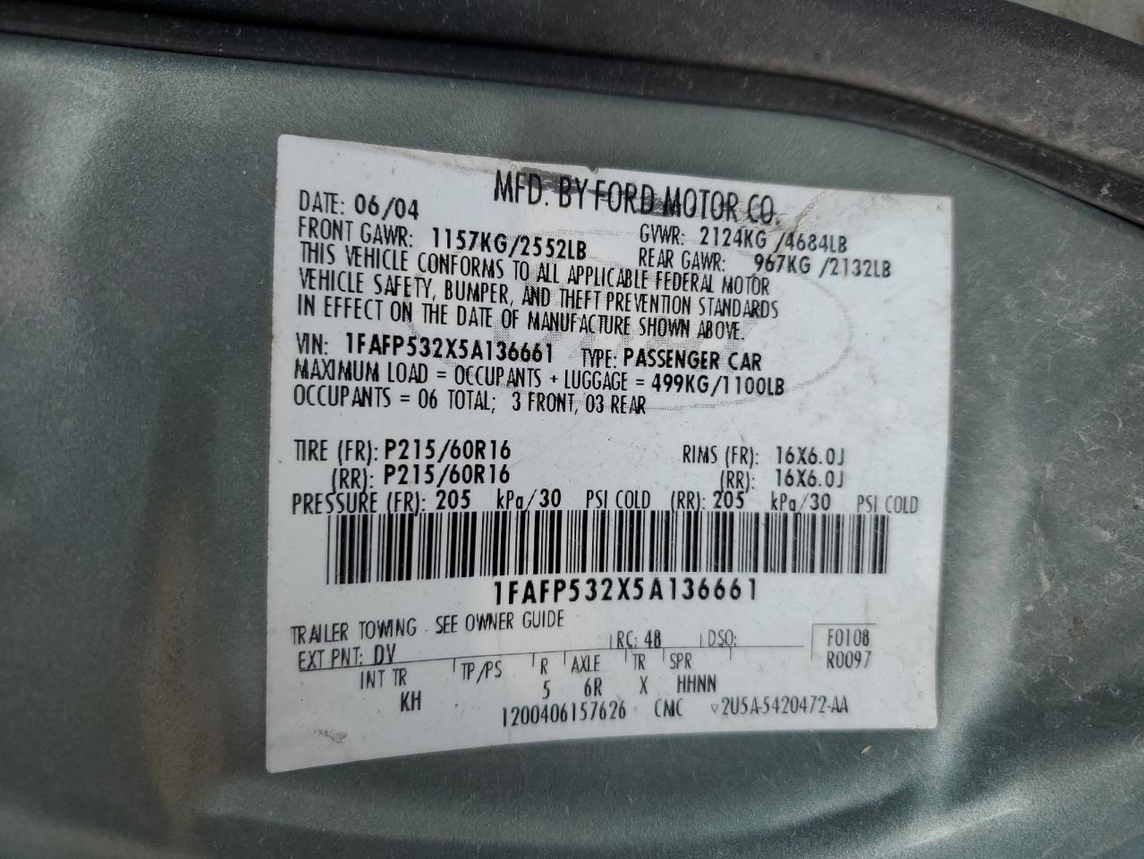 2005 Ford Taurus Se VIN: 1FAFP532X5A136661 Lot: 56472285