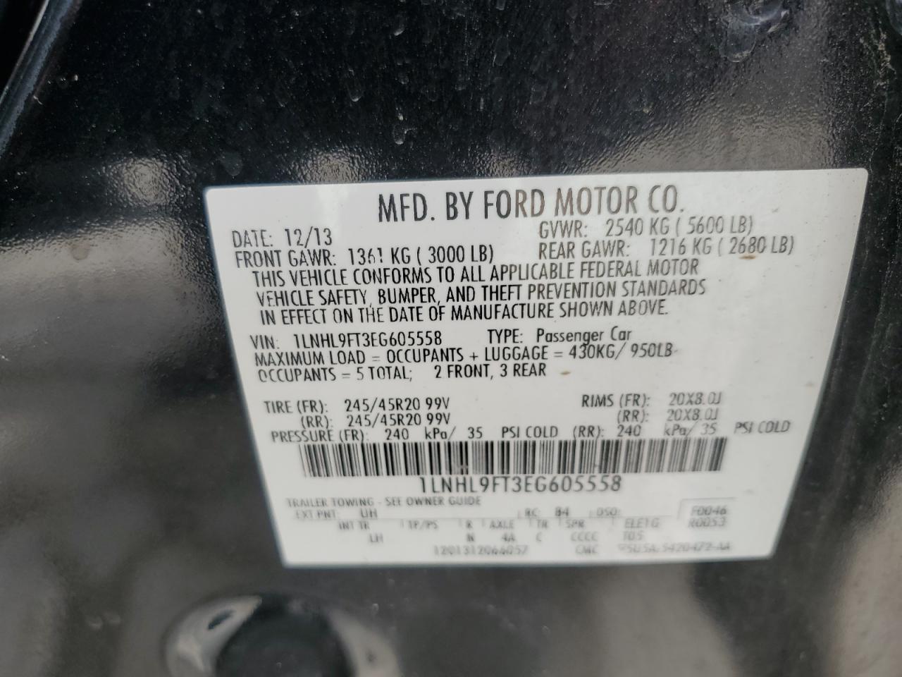 2014 Lincoln Mks VIN: 1LNHL9FT3EG605558 Lot: 56715625