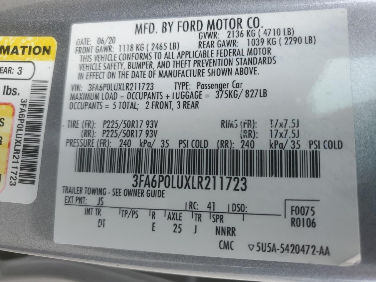 3FA6P0LUXLR211723 FORD FUSION 2020