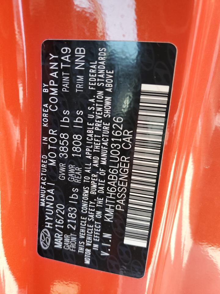 2020 Hyundai Veloster Turbo VIN: KMHTH6AB6LU031626 Lot: 56951035