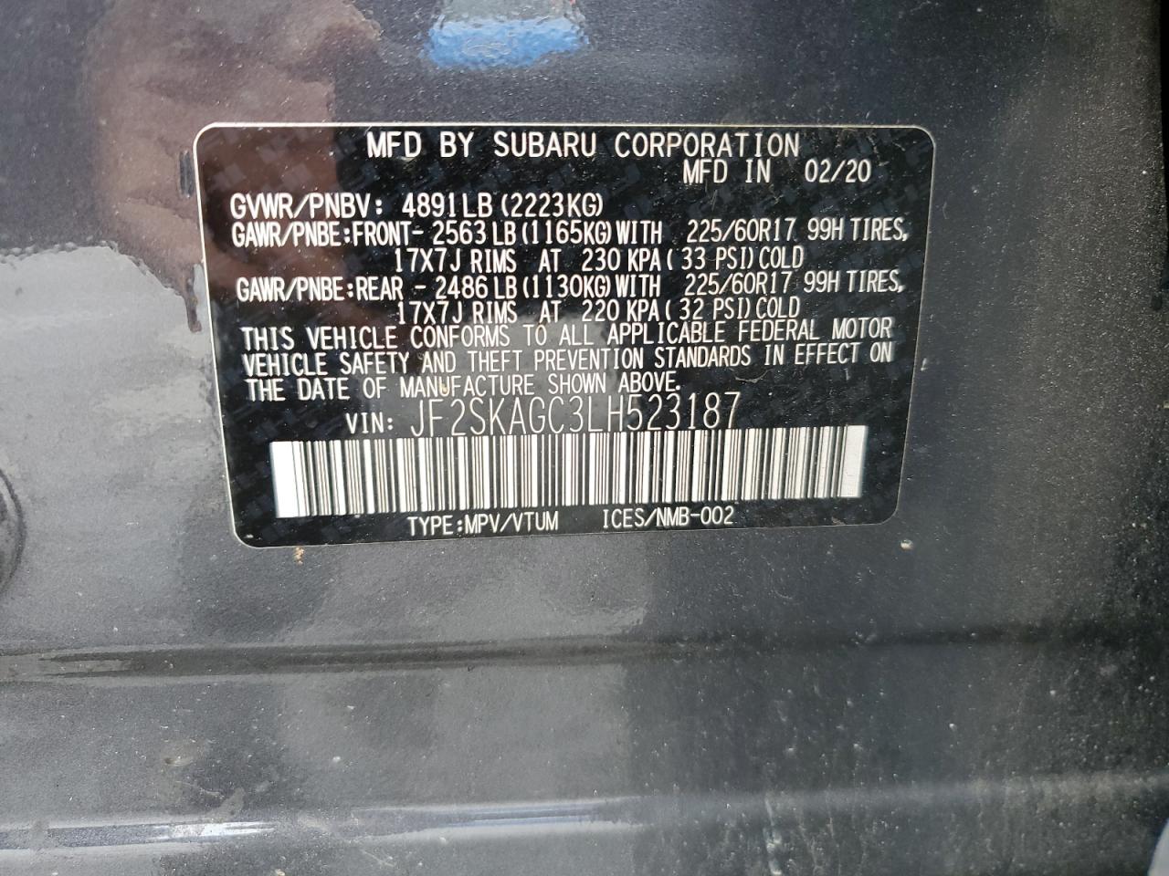 2020 Subaru Forester Premium VIN: JF2SKAGC3LH523187 Lot: 56629005