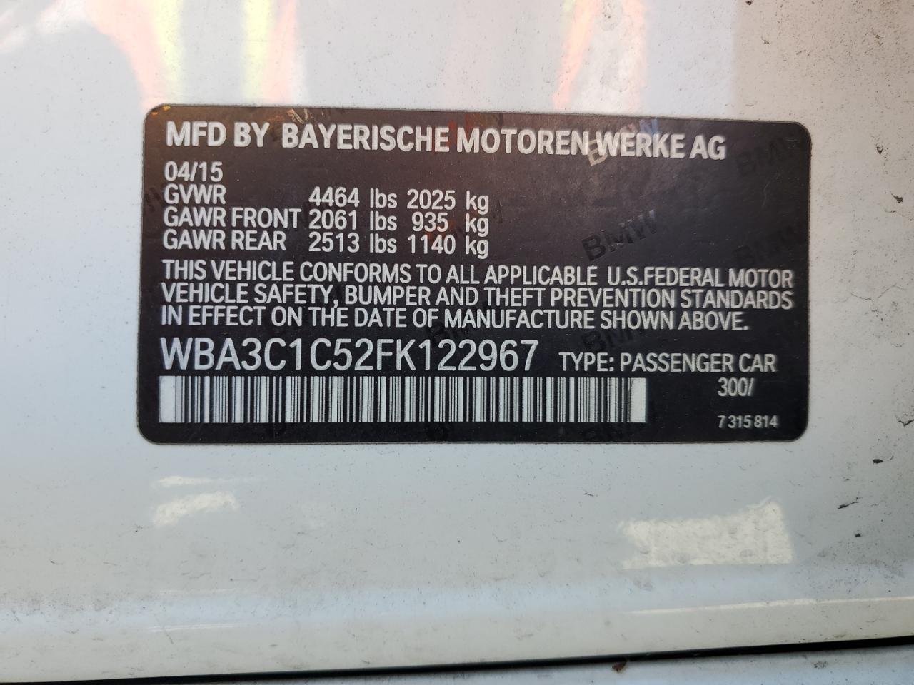 2015 BMW 328 I Sulev VIN: WBA3C1C52FK122967 Lot: 57484985