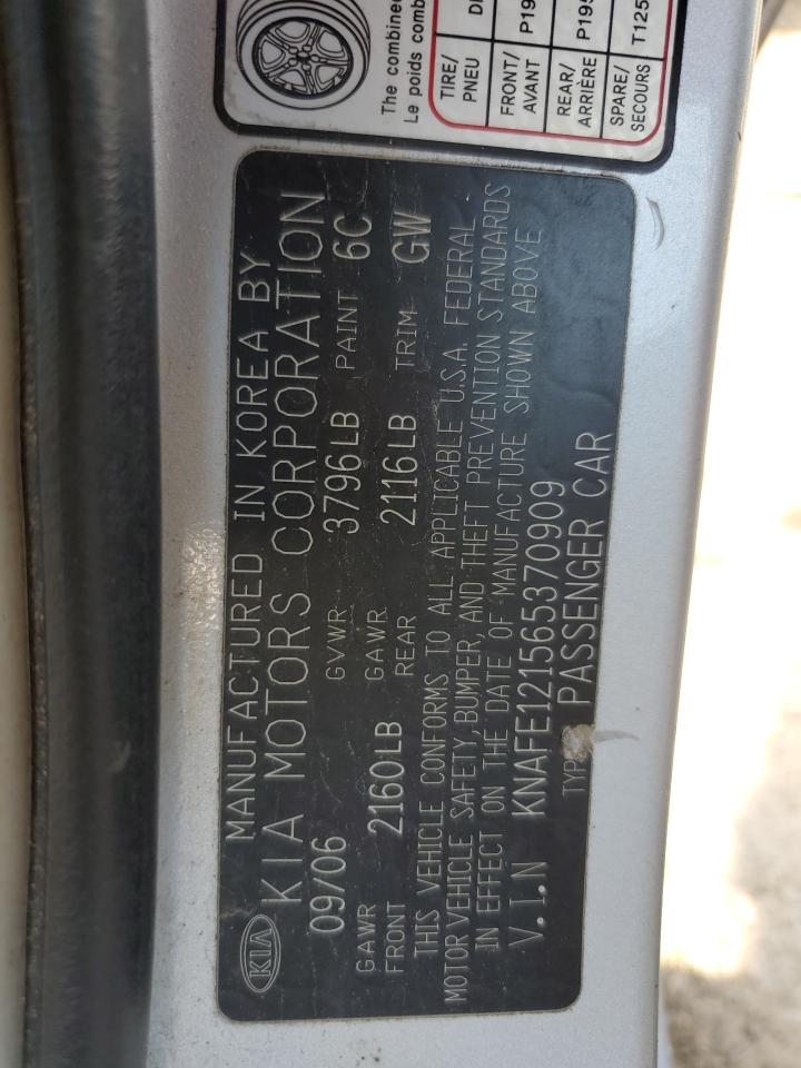 2006 Kia Spectra Lx VIN: KNAFE121565370909 Lot: 56572995