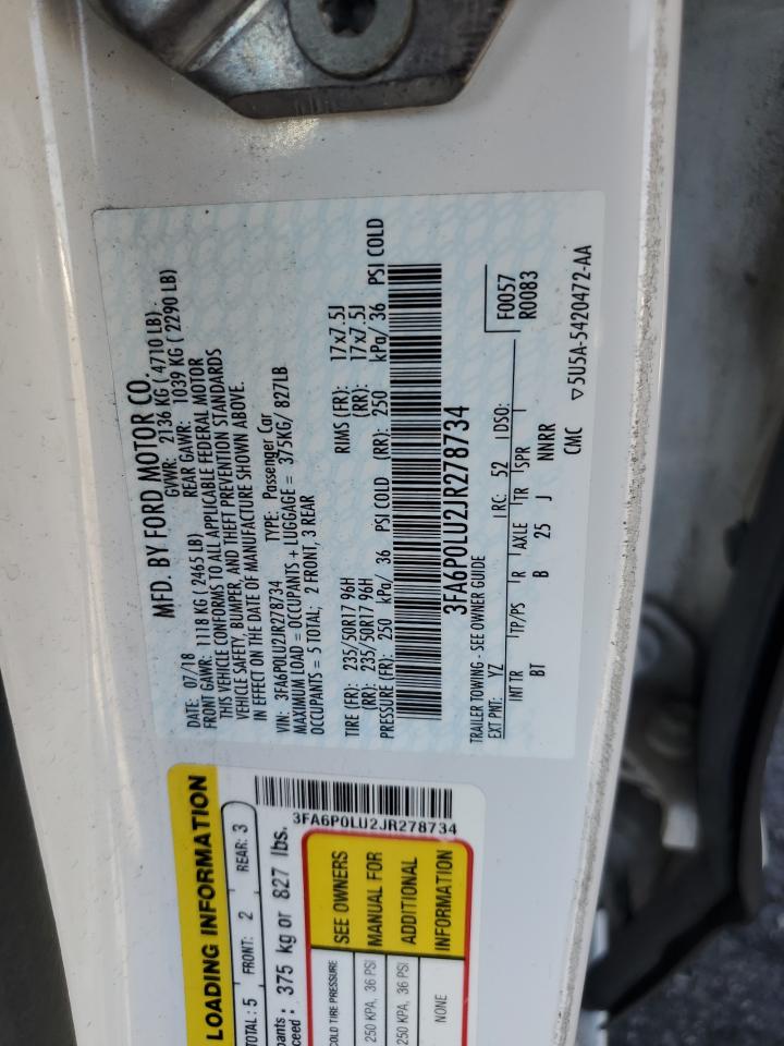 2018 Ford Fusion Se Hybrid VIN: 3FA6P0LU2JR278734 Lot: 54029805