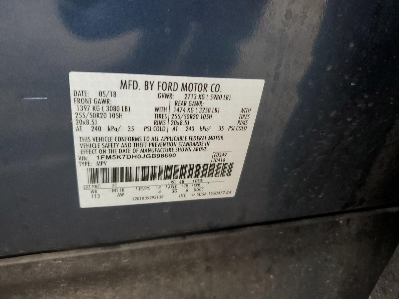 1FM5K7DH0JGB98690 FORD EXPLORER 2018