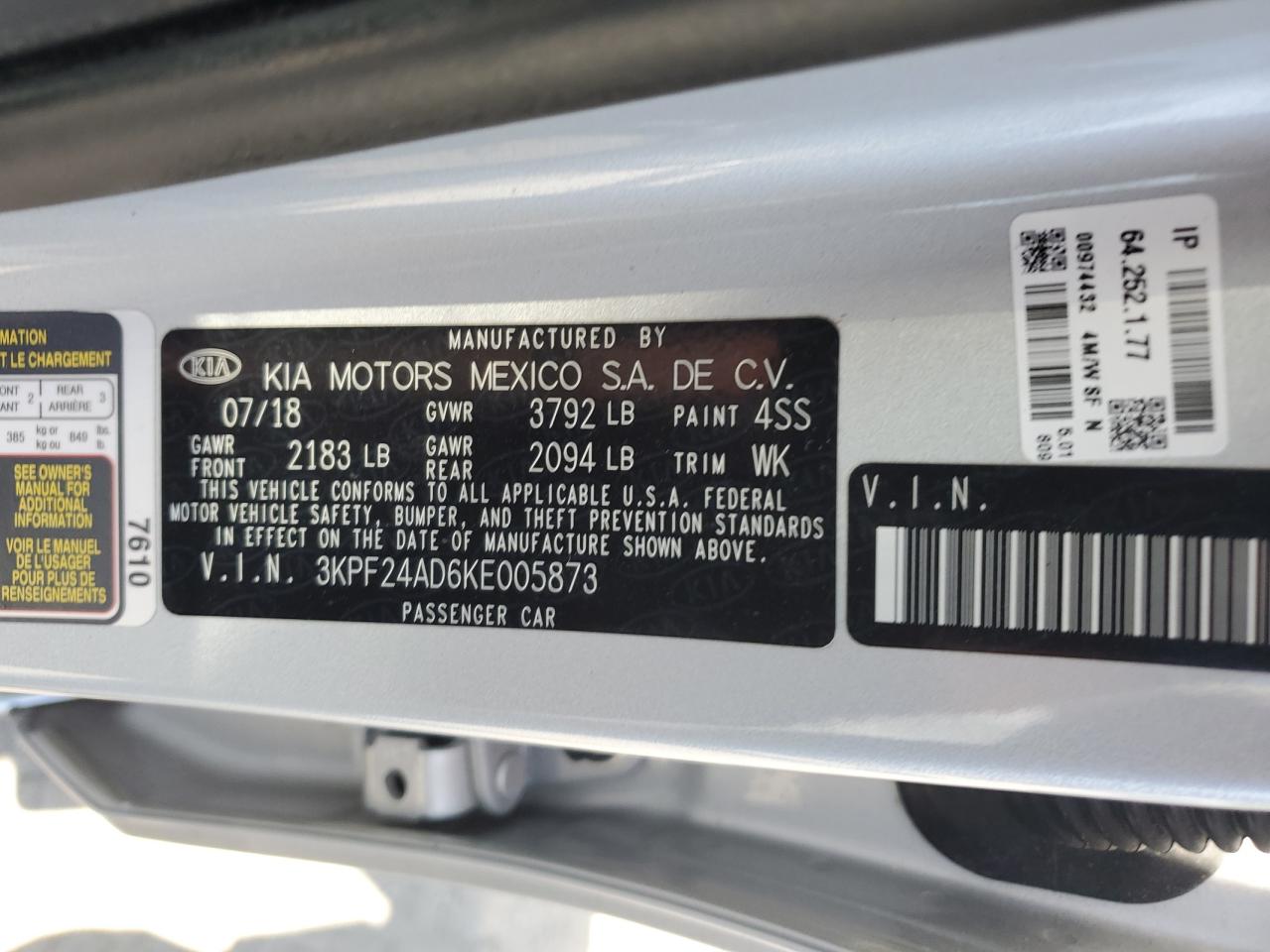 2019 Kia Forte Fe VIN: 3KPF24AD6KE005873 Lot: 56652345