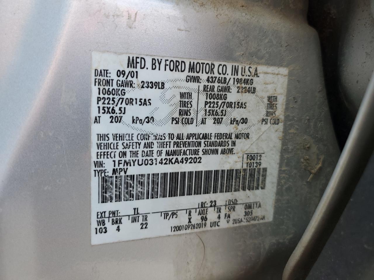 2002 Ford Escape Xlt VIN: 1FMYU03142KA49202 Lot: 56359445