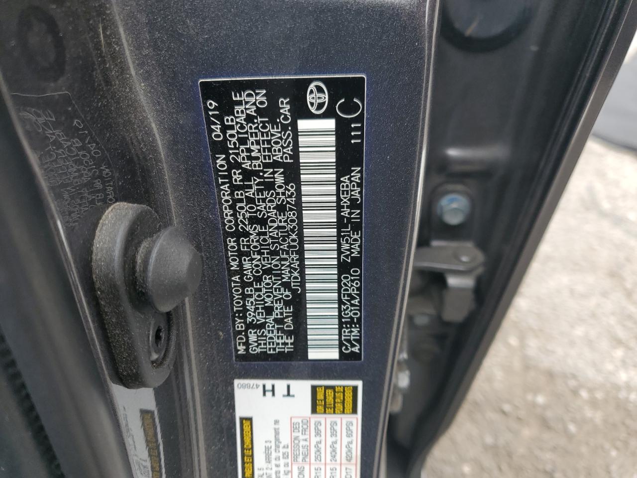 JTDKARFU0K3087436 TOYOTA PRIUS 2019