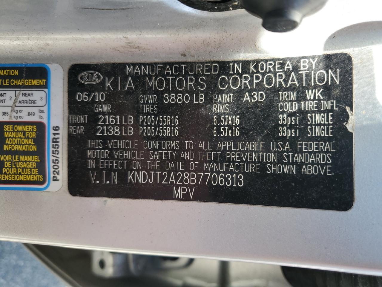 2011 Kia Soul + VIN: KNDJT2A28B7706313 Lot: 55928435