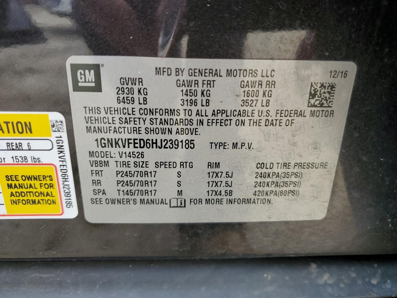 1GNKVFED6HJ239185 CHEVROLET TRAVERSE 2017