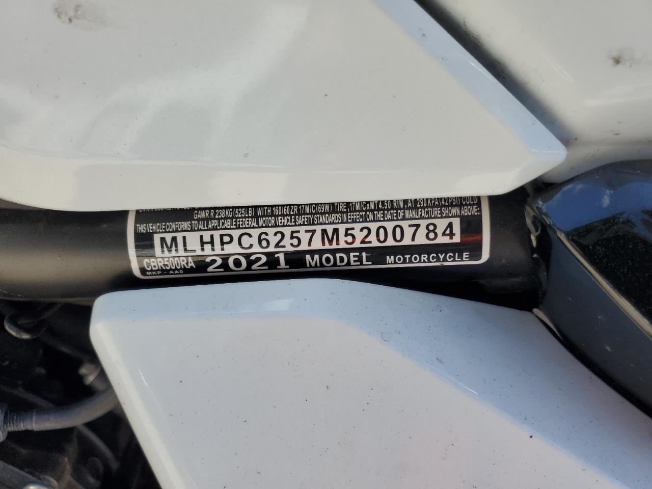 2021 Honda Cbr500 Ra VIN: MLHPC6257M5200784 Lot: 57791785