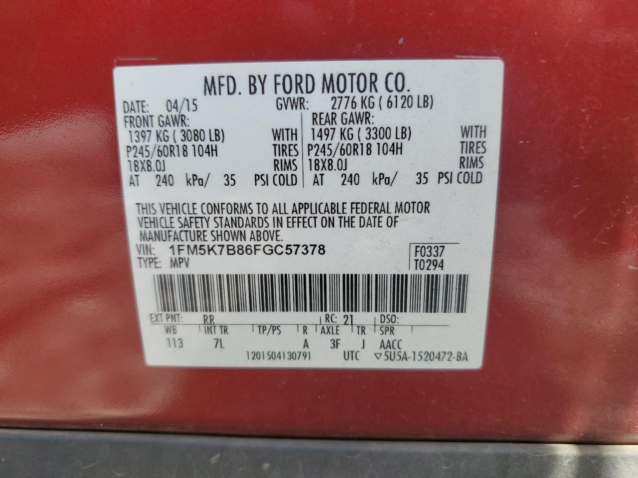 2015 Ford Explorer VIN: 1FM5K7B86FGC57378 Lot: 56974435