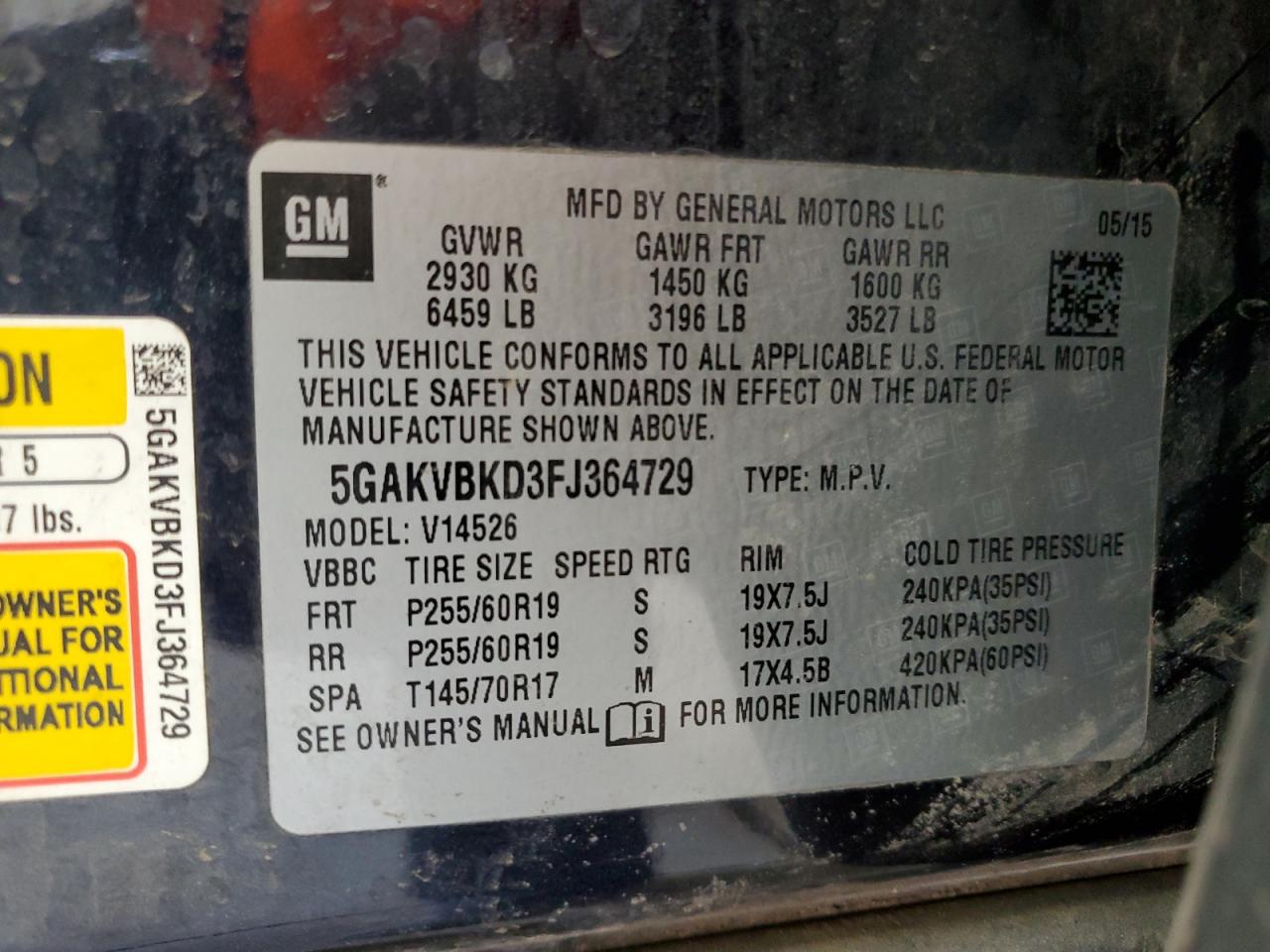 2015 Buick Enclave VIN: 5GAKVBKD3FJ364729 Lot: 56045505