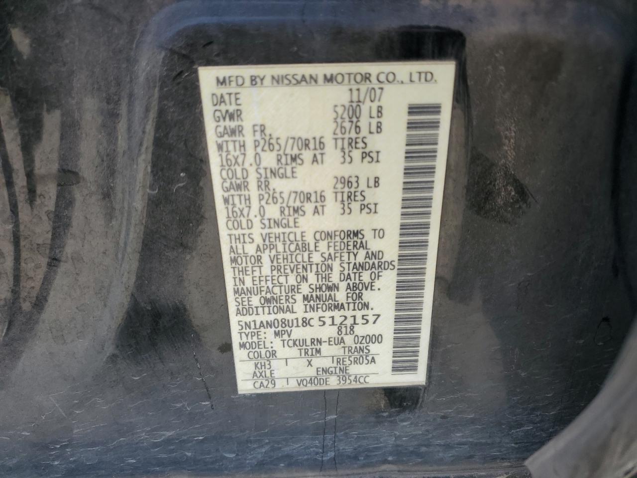 2008 Nissan Xterra Off Road VIN: 5N1AN08U18C512157 Lot: 56412875