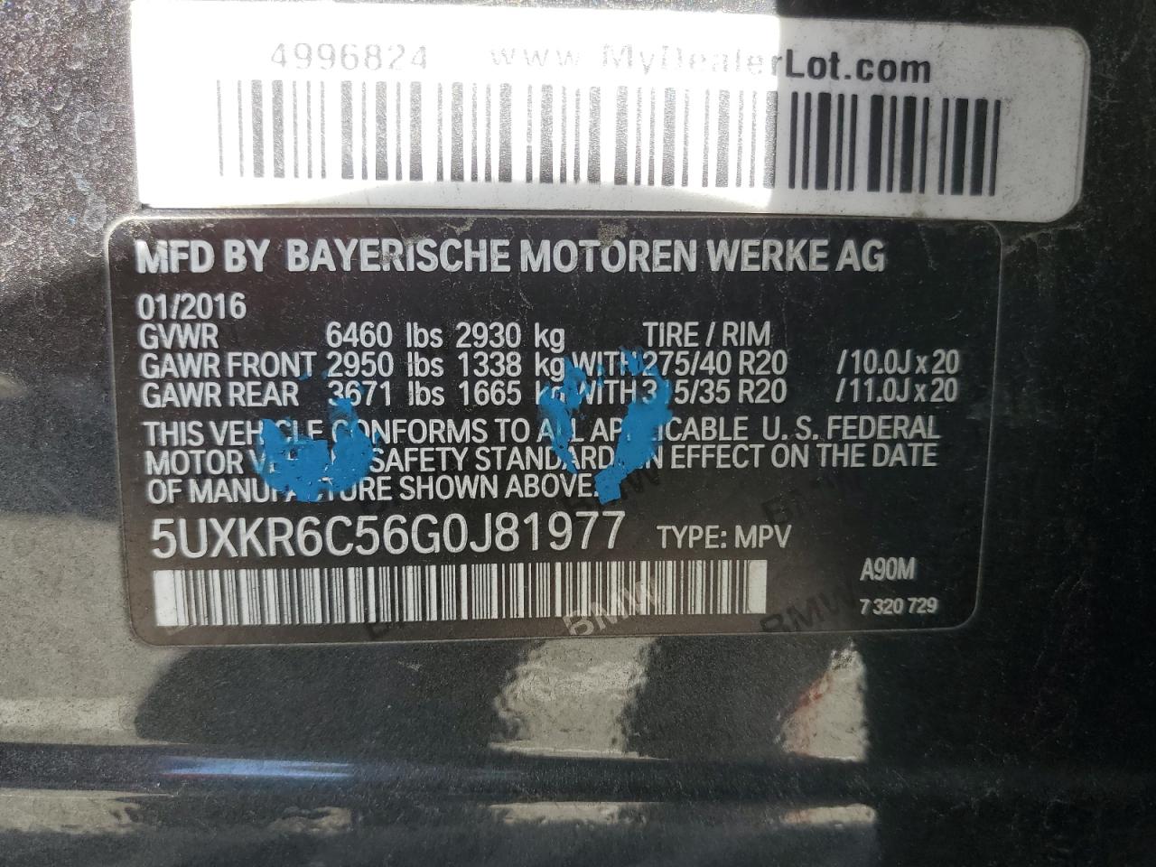 2016 BMW X5 xDrive50I VIN: 5UXKR6C56G0J81977 Lot: 57312915