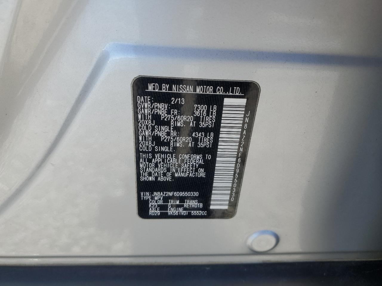 2013 Infiniti Qx56 VIN: JN8AZ2NF6D9550330 Lot: 55453405