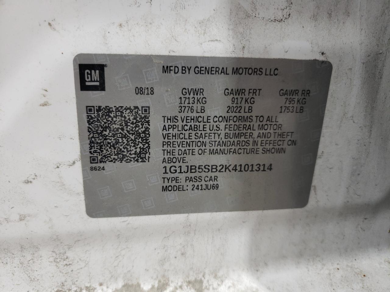 1G1JB5SB2K4101314 CHEVROLET SONIC 2019