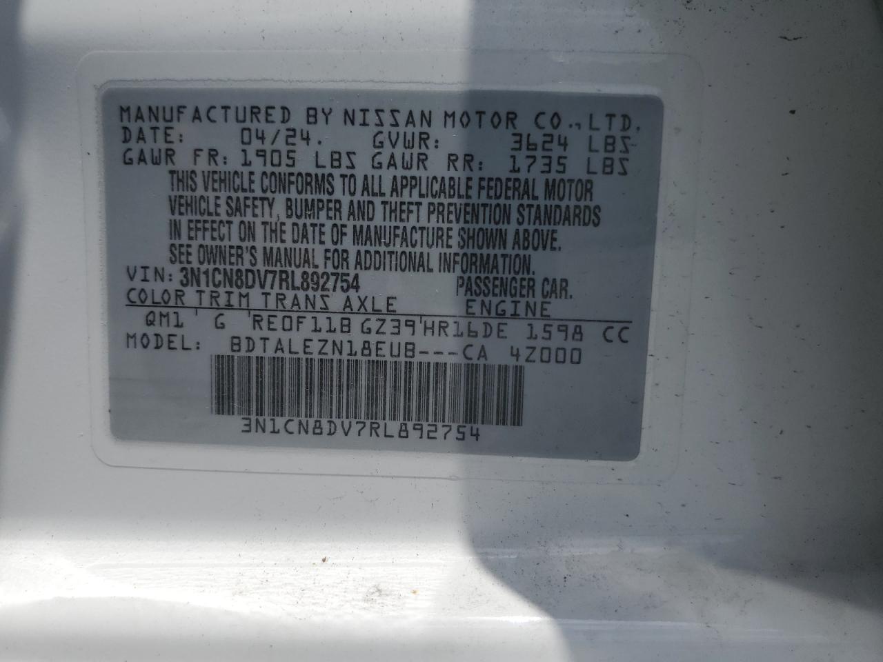 3N1CN8DV7RL892754 NISSAN VERSA 2024