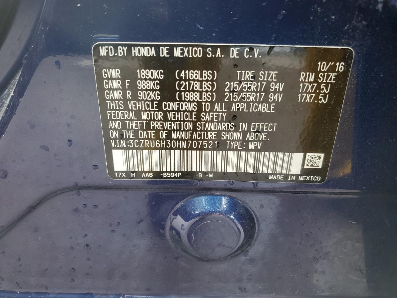 3CZRU6H30HM707521 HONDA HR-V 2017