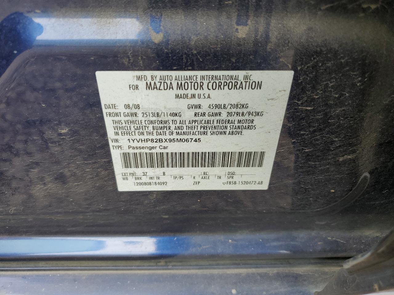 2009 Mazda 6 S VIN: 1YVHP82BX95M06745 Lot: 56508085