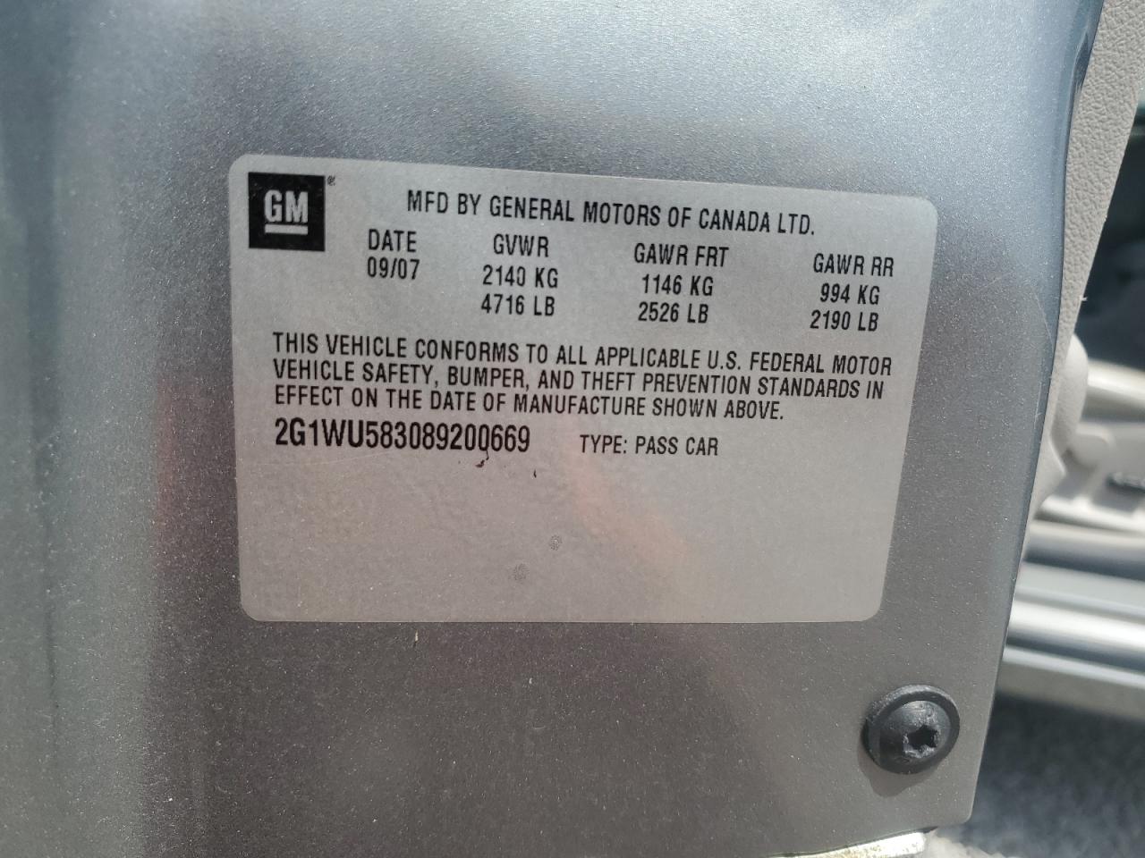 2008 Chevrolet Impala Ltz VIN: 2G1WU583089200669 Lot: 57040035