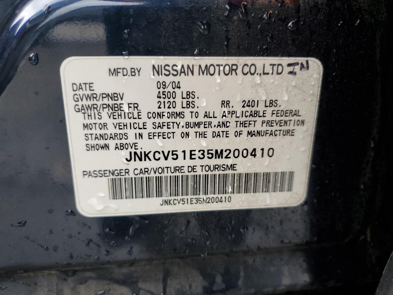2005 Infiniti G35 VIN: JNKCV51E35M200410 Lot: 55945375