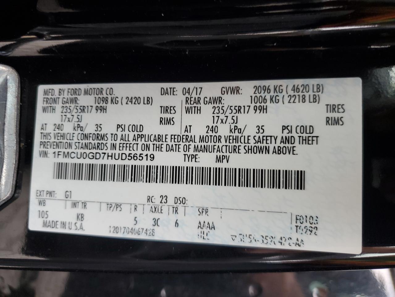 1FMCU0GD7HUD56519 FORD ESCAPE 2017