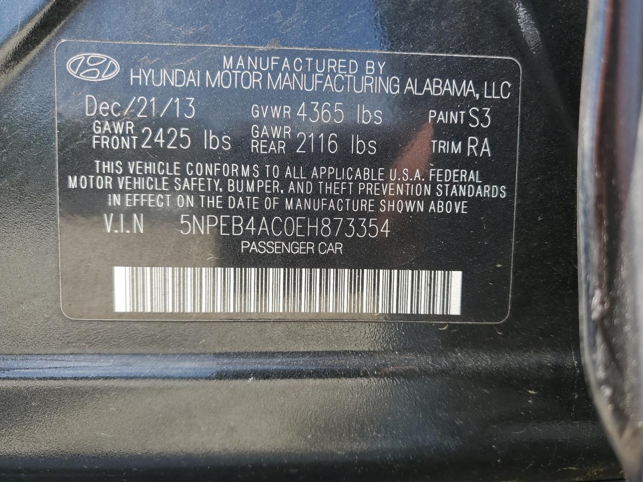 2014 Hyundai Sonata Gls VIN: 5NPEB4AC0EH873354 Lot: 56380315