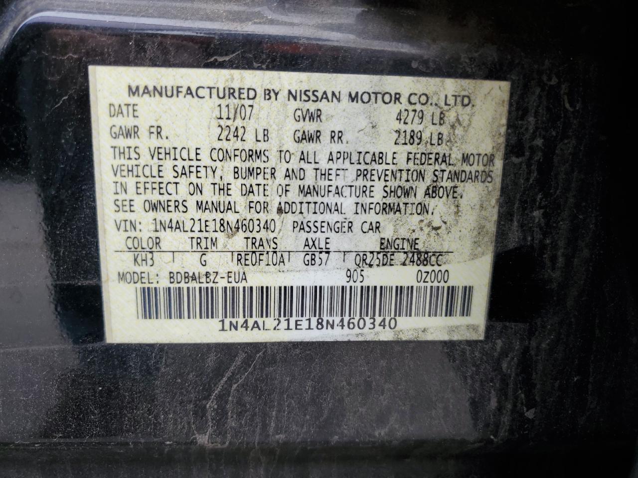 2008 Nissan Altima 2.5 VIN: 1N4AL21E18N460340 Lot: 57293415