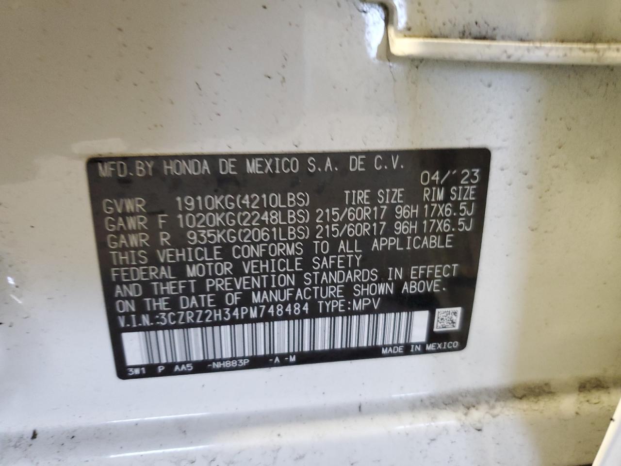 2023 Honda Hr-V Lx VIN: 3CZRZ2H34PM748484 Lot: 56770995