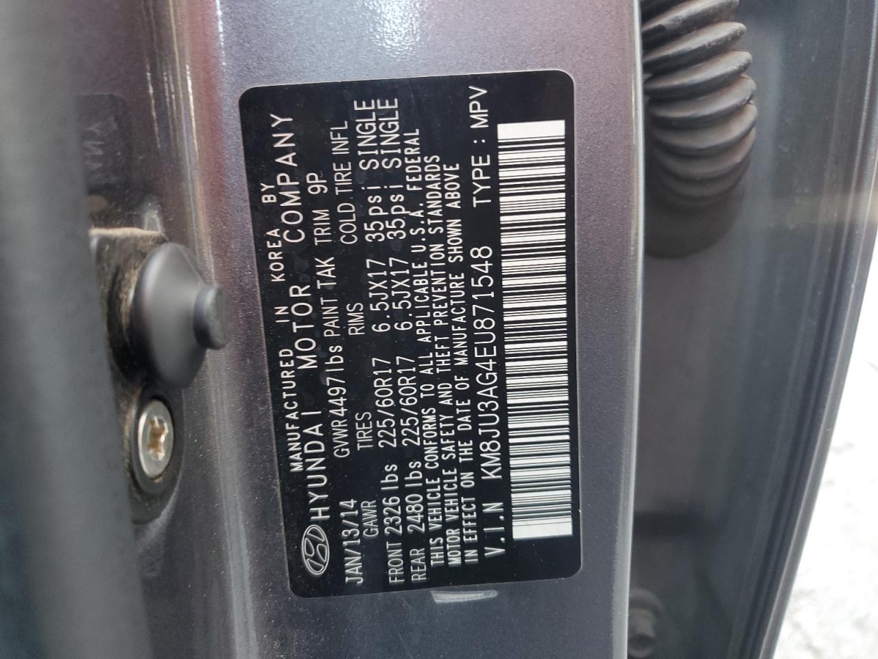 2014 Hyundai Tucson Gls VIN: KM8JU3AG4EU871548 Lot: 58318735