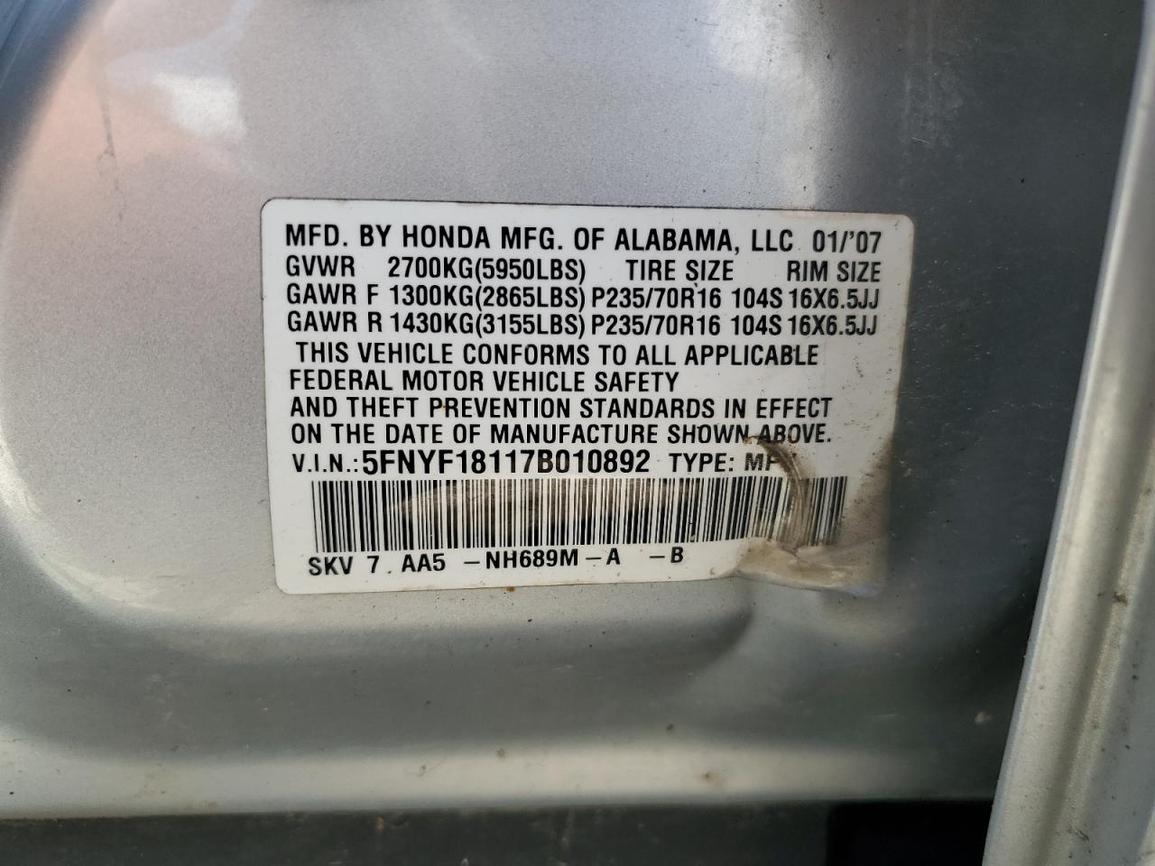 2007 Honda Pilot Lx VIN: 5FNYF18117B010892 Lot: 56334945