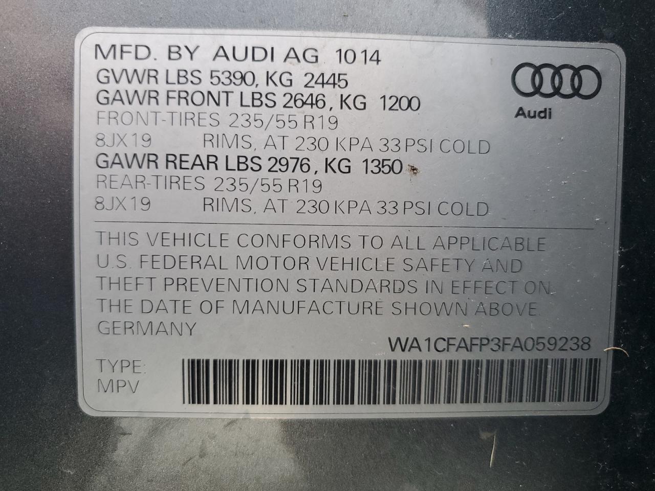 2015 Audi Q5 Premium VIN: WA1CFAFP3FA059238 Lot: 56014835
