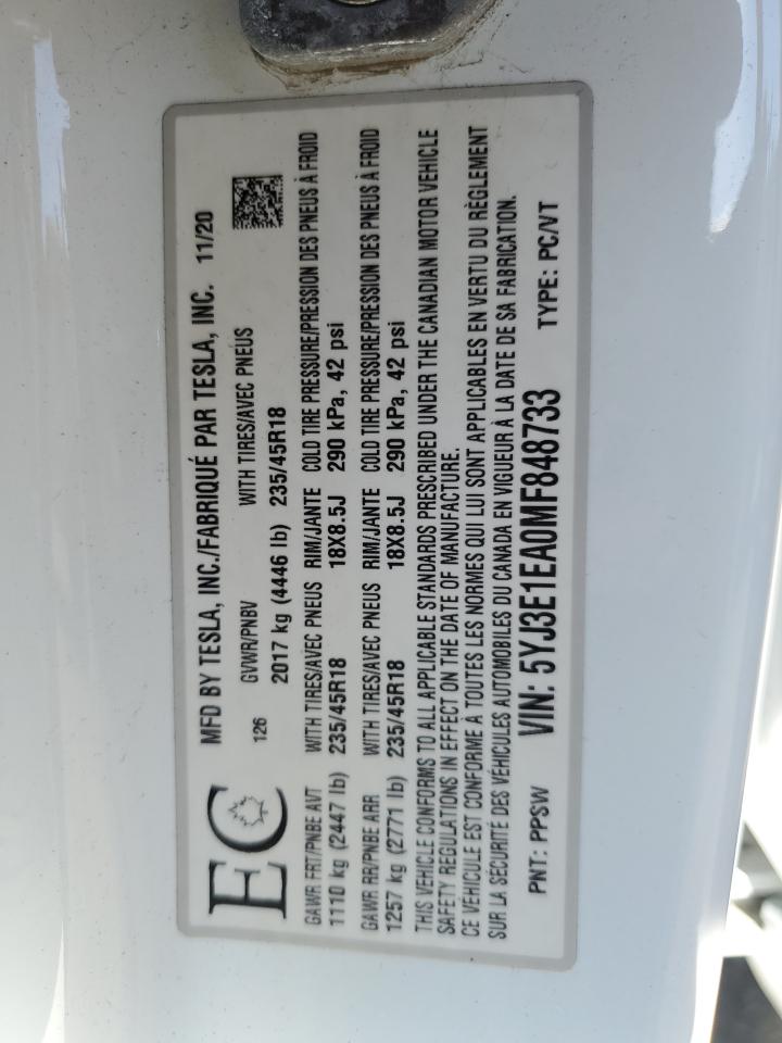 2021 Tesla Model 3 VIN: 5YJ3E1EA0MF848733 Lot: 56865545