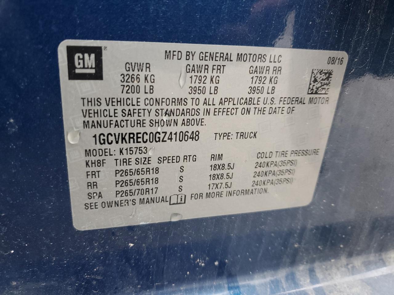 2016 Chevrolet Silverado K1500 Lt VIN: 1GCVKREC0GZ410648 Lot: 56537325