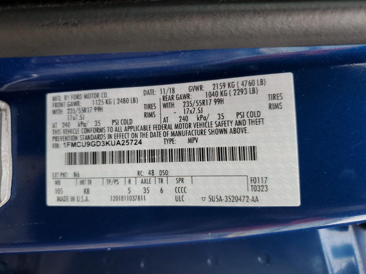 1FMCU9GD3KUA25724 FORD ESCAPE 2019