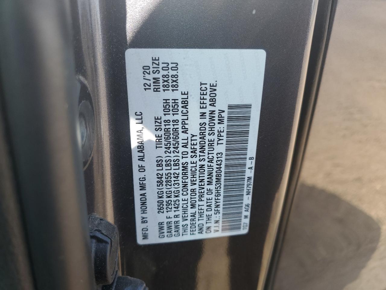 2021 Honda Pilot Exl VIN: 5FNYF6H53MB044313 Lot: 56820015