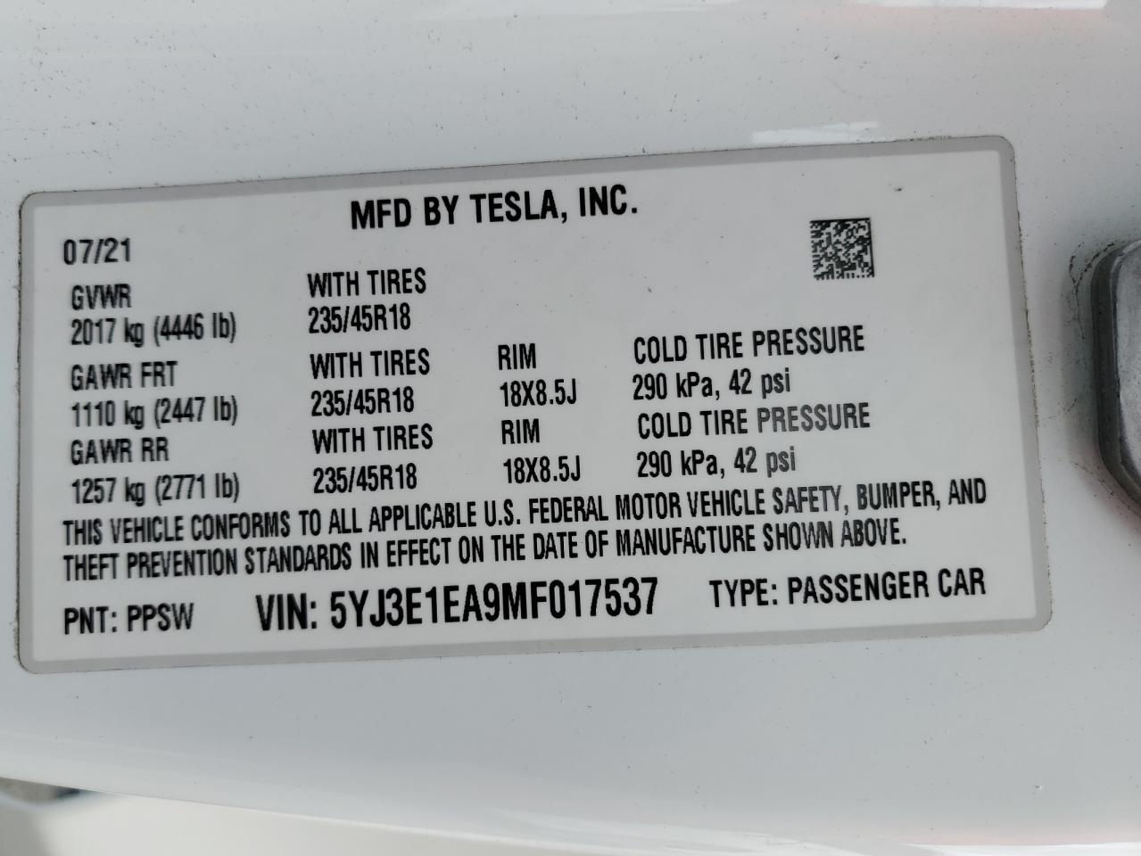 5YJ3E1EA9MF017537 TESLA MODEL 3 2021