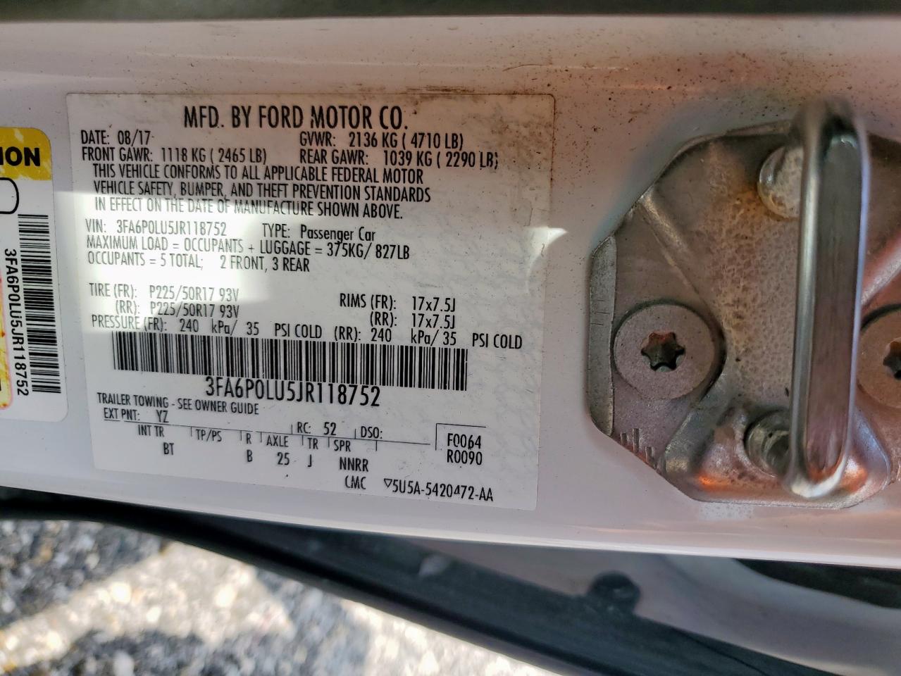 2018 Ford Fusion Se Hybrid VIN: 3FA6P0LU5JR118752 Lot: 54037825
