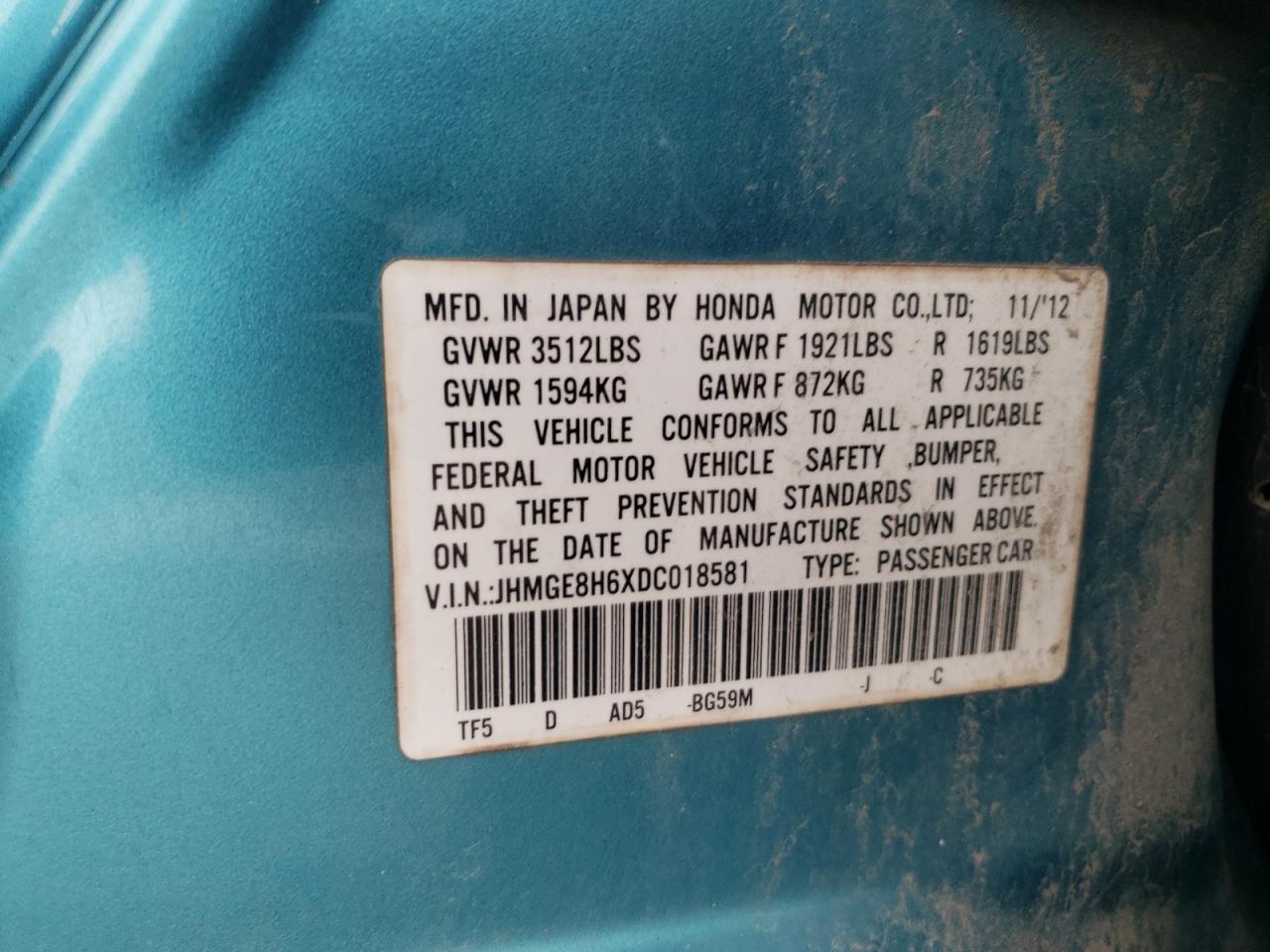 2013 Honda Fit Sport VIN: JHMGE8H6XDC018581 Lot: 56023185