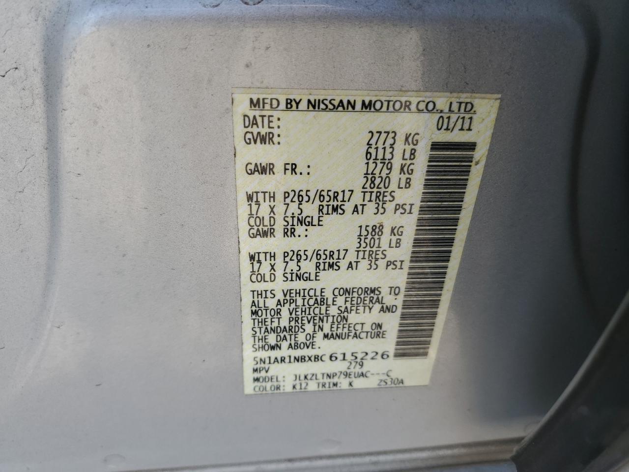 2011 Nissan Pathfinder S VIN: 5N1AR1NBXBC615226 Lot: 56719115