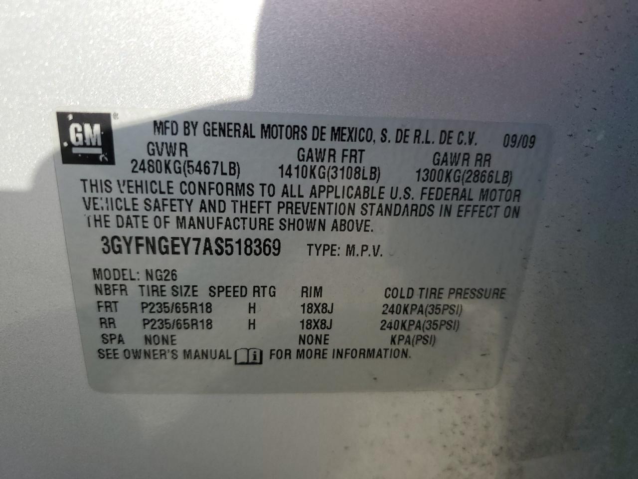 2010 Cadillac Srx VIN: 3GYFNGEY7AS518369 Lot: 55284875