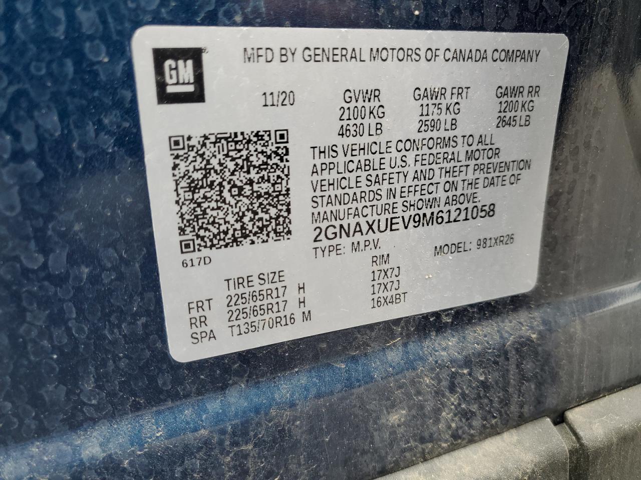 2021 Chevrolet Equinox Lt VIN: 2GNAXUEV9M6121058 Lot: 56971815